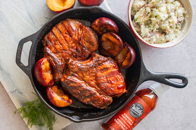 Grilled Bourbon & Maple Pork Chops with Maple Peaches